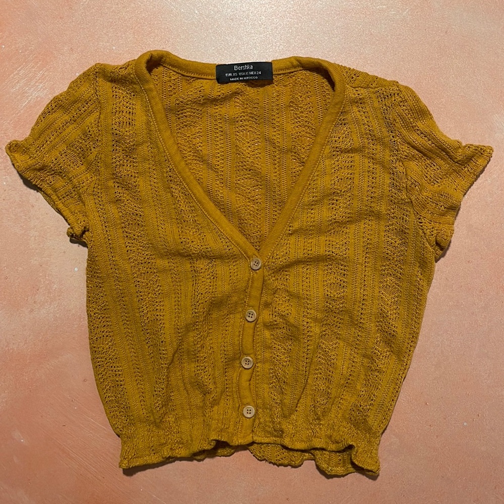 Bershka V Neck Button Front Crochet Crop Top with Smocked Hem - Size XS